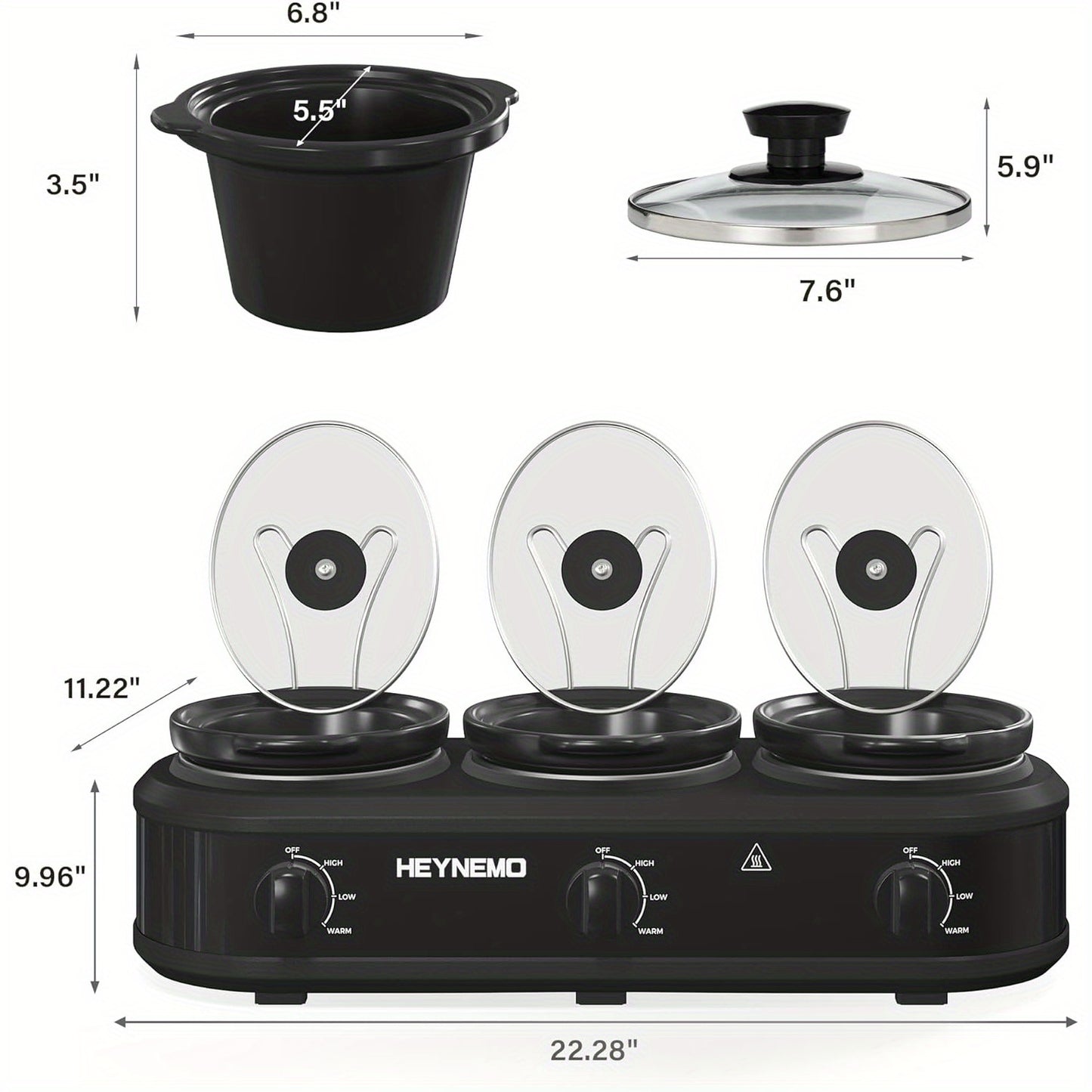 Triple Slow Cooker Buffet – 3 x 1.5QT Ceramic Pots, Adjustable Heat Settings, Glass Lids, Easy Clean