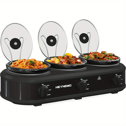 Triple Slow Cooker Buffet – 3 x 1.5QT Ceramic Pots, Adjustable Heat Settings, Glass Lids, Easy Clean