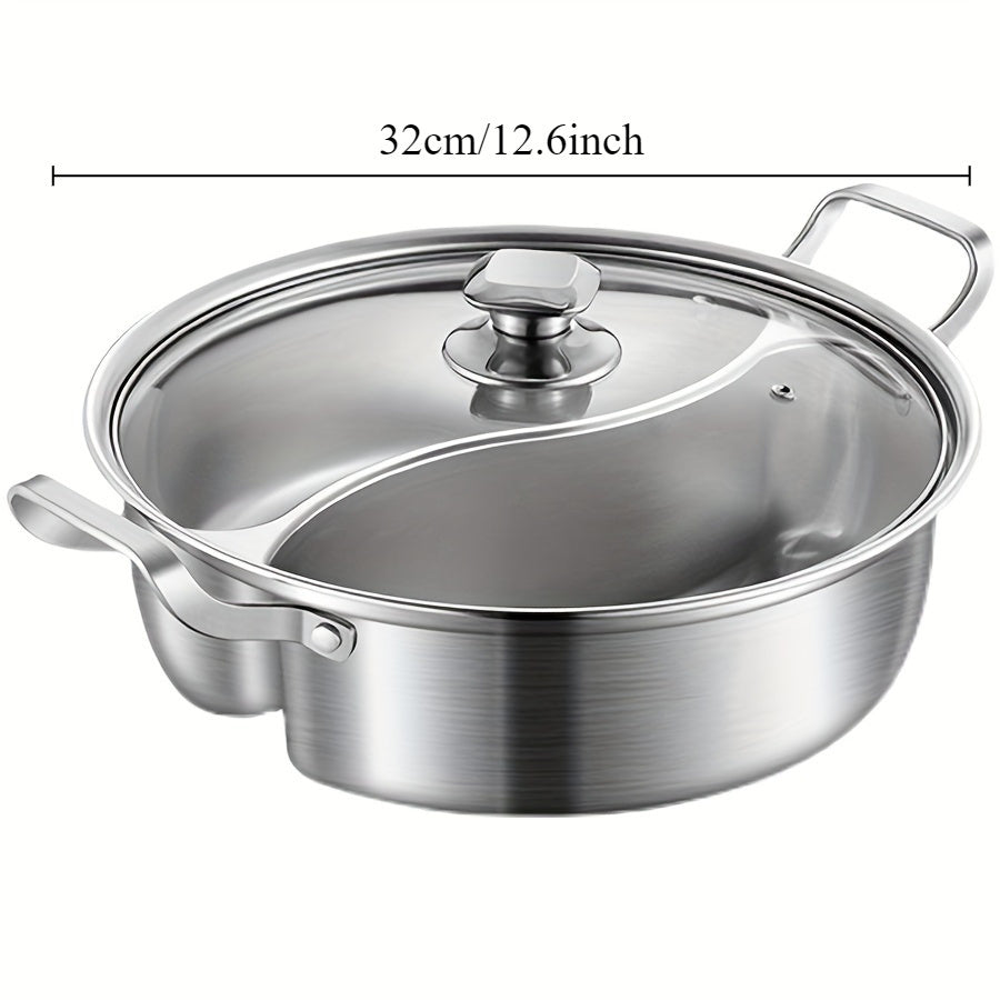 12.6" Stainless Steel Dual-Flavor Hot Pot with Lid - Thickened, Integrated Design for Home Use, Induction Compatible