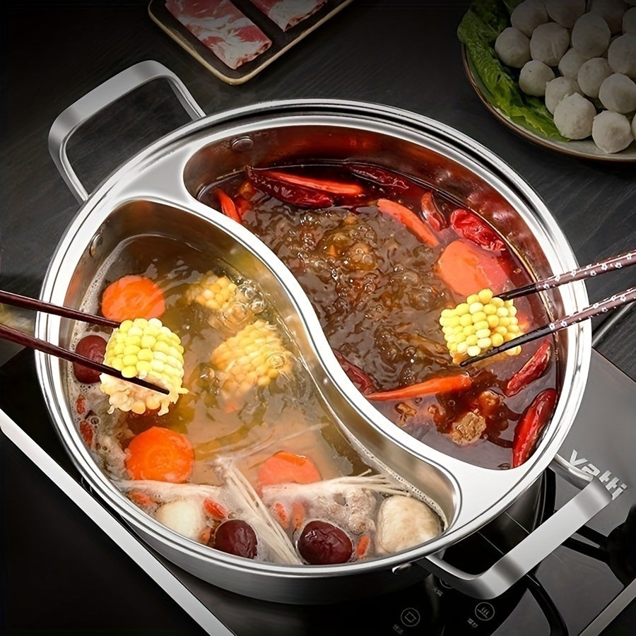 12.6" Stainless Steel Dual-Flavor Hot Pot with Lid - Thickened, Integrated Design for Home Use, Induction Compatible