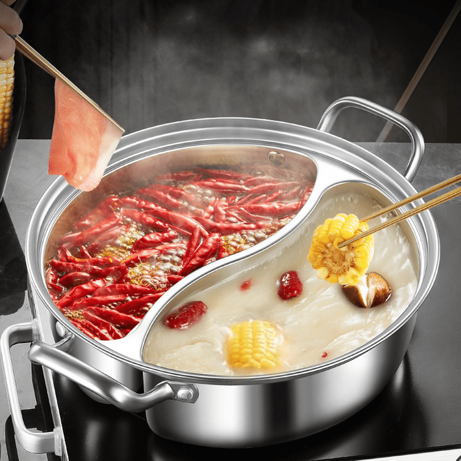 12.6" Stainless Steel Dual-Flavor Hot Pot with Lid - Thickened, Integrated Design for Home Use, Induction Compatible