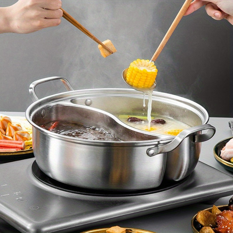 12.6" Stainless Steel Dual-Flavor Hot Pot with Lid - Thickened, Integrated Design for Home Use, Induction Compatible