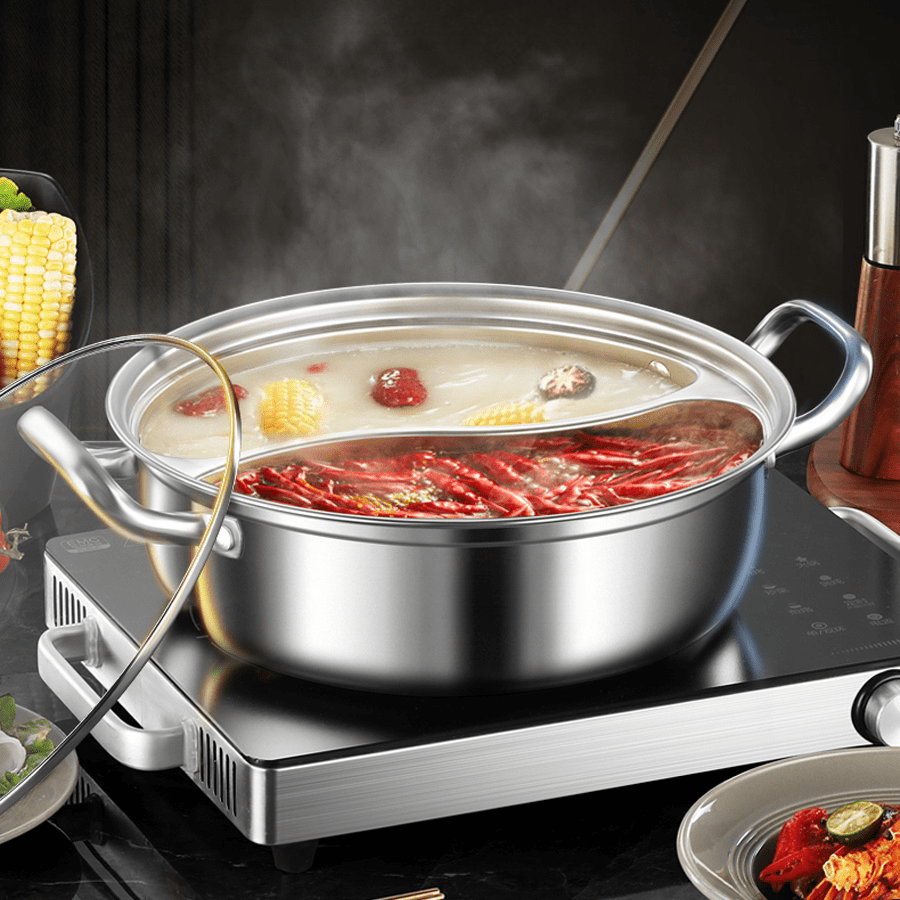 12.6" Stainless Steel Dual-Flavor Hot Pot with Lid - Thickened, Integrated Design for Home Use, Induction Compatible