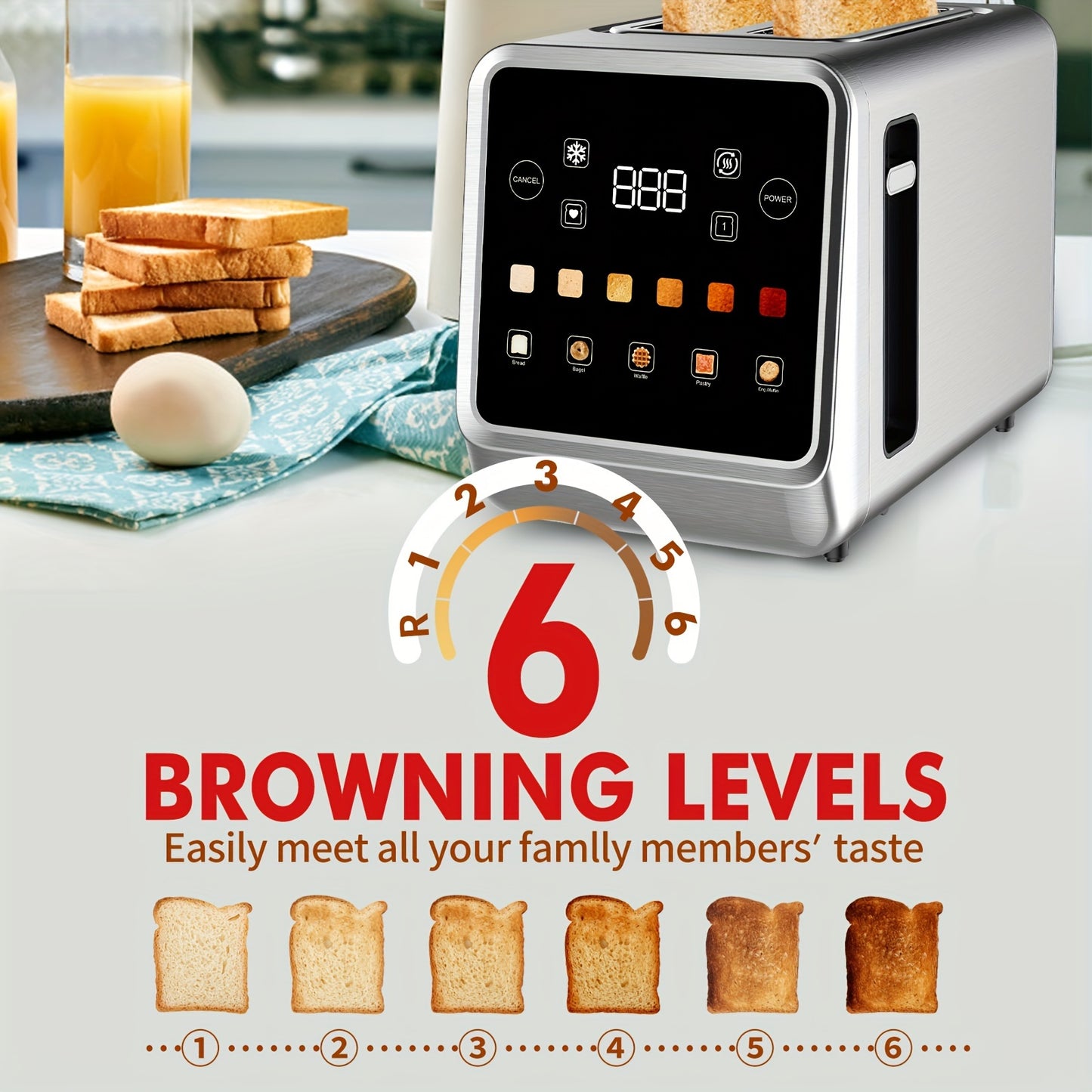 Touch Screen Toaster 2 Slice, Stainless Steel Digital Timer Toaster With 6 Bread Types And 6 Shade Settings, 1.5" Wide Toast Slot With Bagel, Cancel, Defrost And Memory.