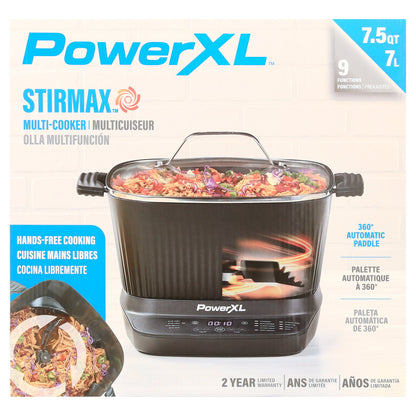 Power XL StirMax 7.5 Qt Multi-Cooker with Auto Stir/Shred Paddle and 9 Presets, Matte Black