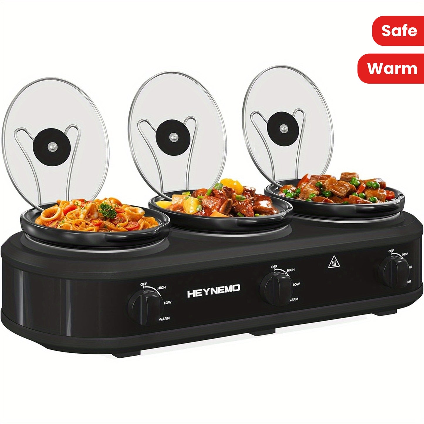 Triple Slow Cooker Buffet – 3 x 1.5QT Ceramic Pots, Adjustable Heat Settings, Glass Lids, Easy Clean