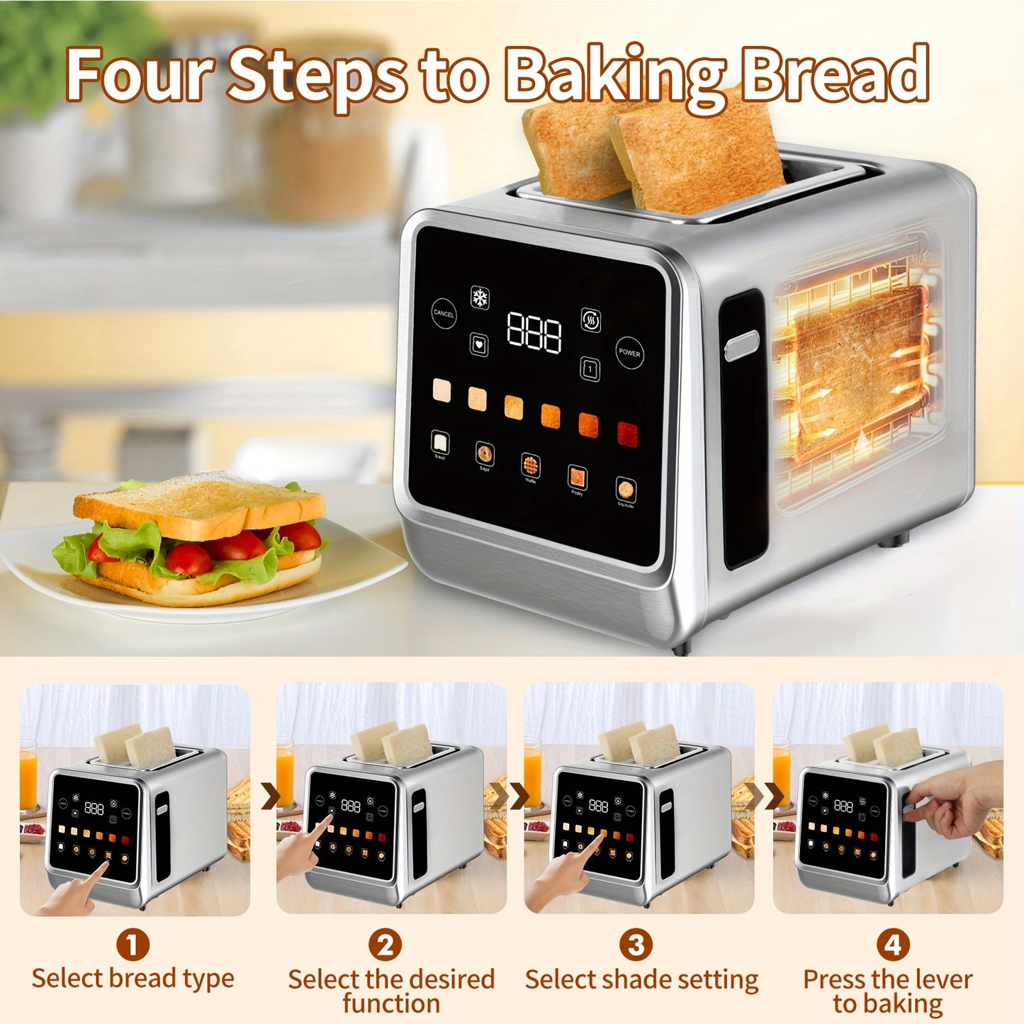 Touch Screen Toaster 2 Slice, Stainless Steel Digital Timer Toaster With 6 Bread Types And 6 Shade Settings, 1.5" Wide Toast Slot With Bagel, Cancel, Defrost And Memory.