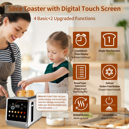 Touch Screen Toaster 2 Slice, Stainless Steel Digital Timer Toaster With 6 Bread Types And 6 Shade Settings, 1.5" Wide Toast Slot With Bagel, Cancel, Defrost And Memory.