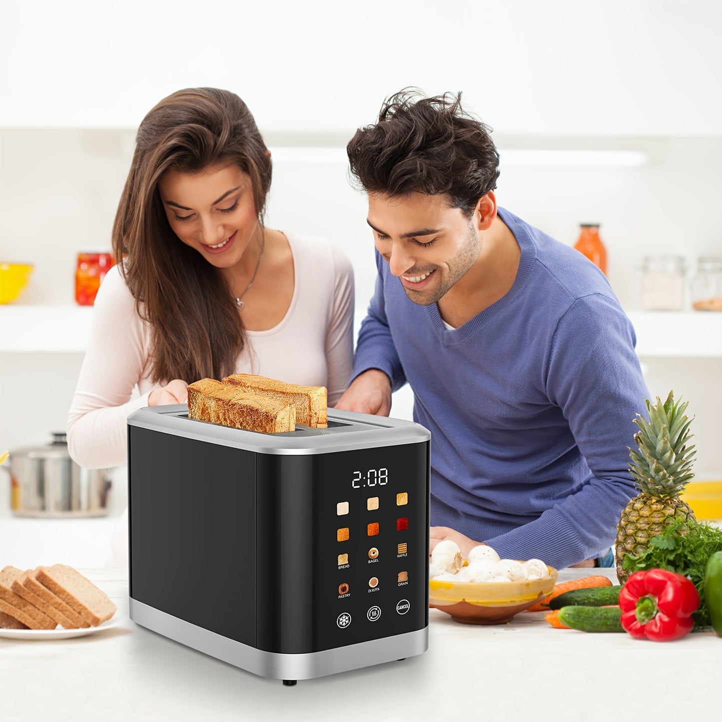 Touch Screen Toaster 2 Slice, Stainless Steel Digital Timer Toaster With 6 Bread Types And 6 Shade Settings, 1.5" Wide Toast Slot With Bagel, Cancel, Defrost And Memory.