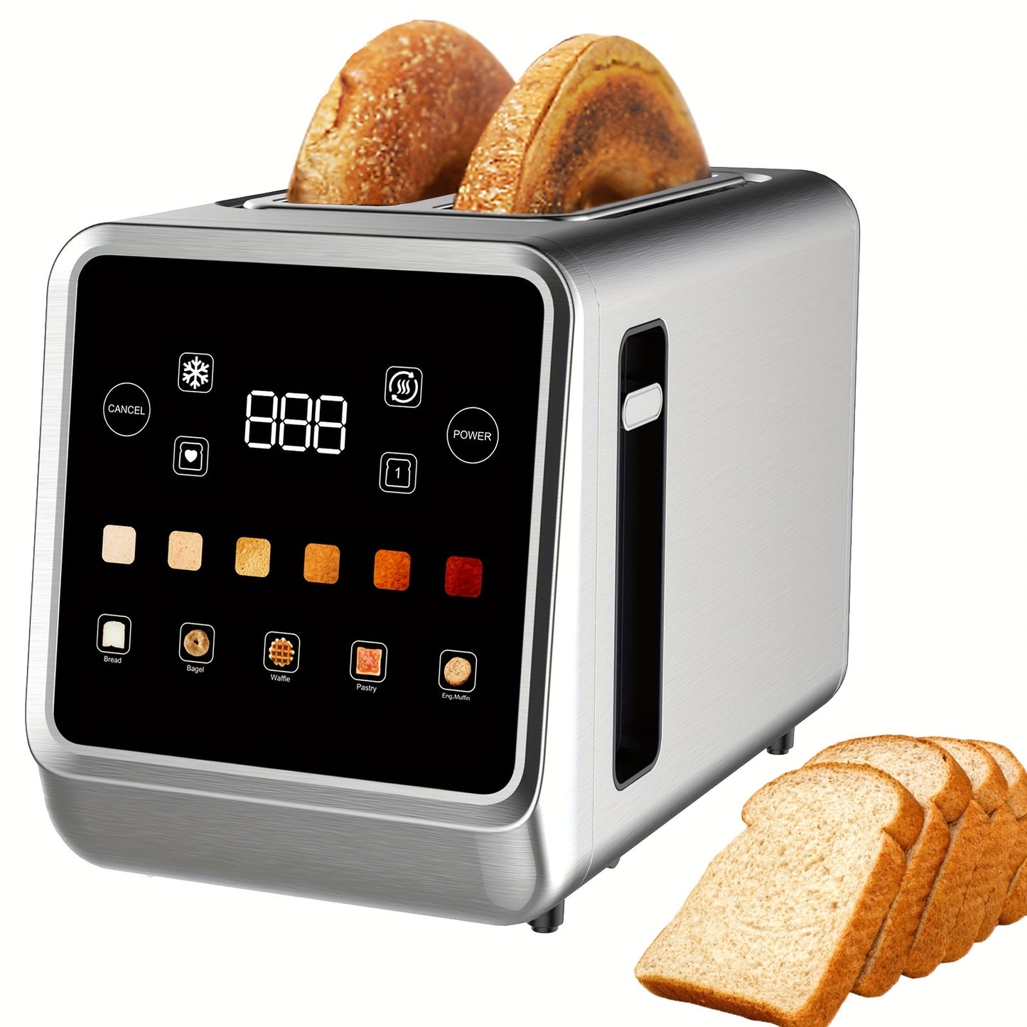 Touch Screen Toaster 2 Slice, Stainless Steel Digital Timer Toaster With 6 Bread Types And 6 Shade Settings, 1.5" Wide Toast Slot With Bagel, Cancel, Defrost And Memory.