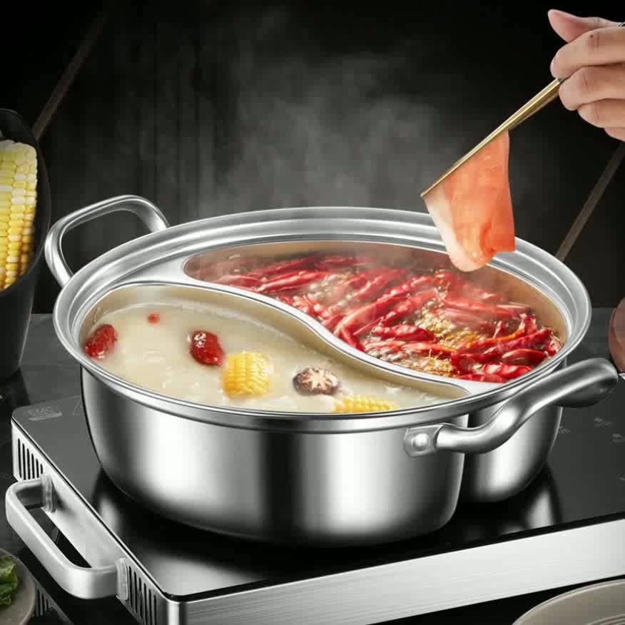 12.6" Stainless Steel Dual-Flavor Hot Pot with Lid - Thickened, Integrated Design for Home Use, Induction Compatible