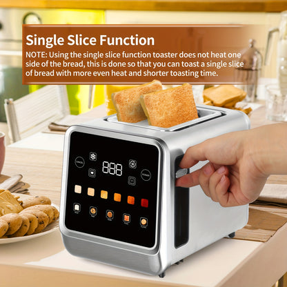 Touch Screen Toaster 2 Slice, Stainless Steel Digital Timer Toaster With 6 Bread Types And 6 Shade Settings, 1.5" Wide Toast Slot With Bagel, Cancel, Defrost And Memory.