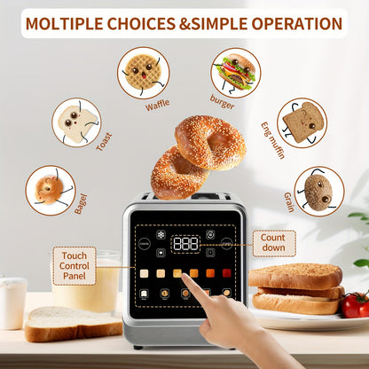 Touch Screen Toaster 2 Slice, Stainless Steel Digital Timer Toaster With 6 Bread Types And 6 Shade Settings, 1.5" Wide Toast Slot With Bagel, Cancel, Defrost And Memory.