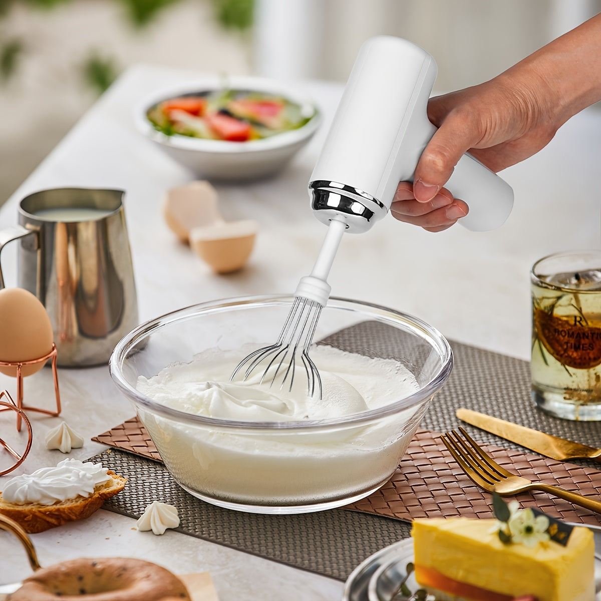 1pc HOTU Handheld Electric Eggbeater & Whisk - USB Rechargeable, Cordless, Portable, Lightweight, Easy-to-Use Hand Mixer for Baking Cakes, Cookies, Muffins - Ideal for Home Bakers & Professionals